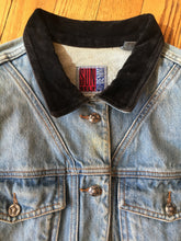 Load image into Gallery viewer, 1980s - 90s Light Wash Denim Jacket with Black Velvet Details
