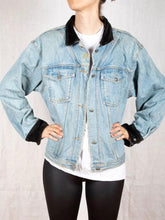 Load image into Gallery viewer, 1980s - 90s Light Wash Denim Jacket with Black Velvet Details