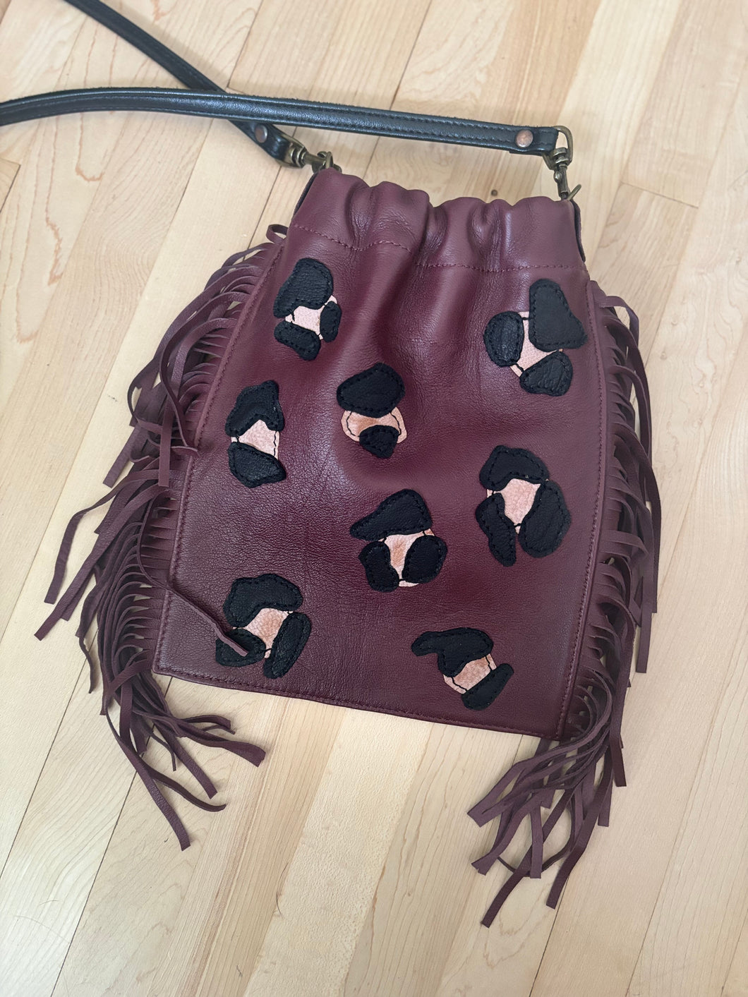 Wine Leopard Bag with Fringe