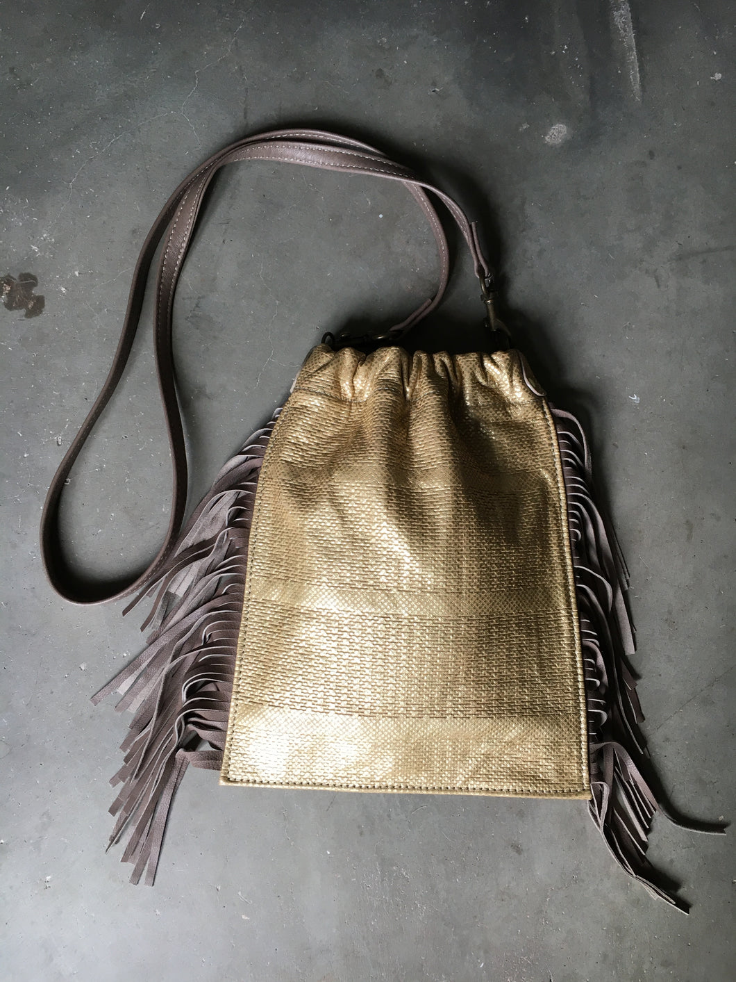 Dandi in Gold Foil with Taupe Fringe