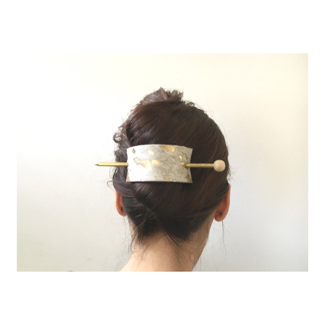 Gold Splash Print Leather Hair Slide with Brass